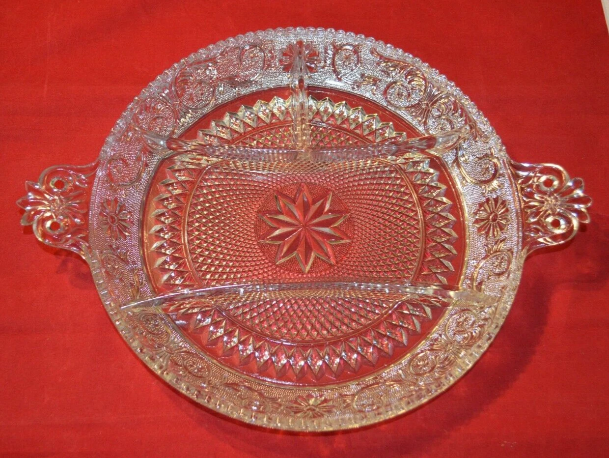 14" Round 4 Part Relish Sandwich Clear Glass Tray (Stem 41) by DUNCAN & MILLER