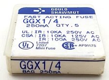 Pack of 5 Gould Shawmut GGX1/4 250V 1/4 Amp Glass Fuses 1/4" x 1" Fast Acting
