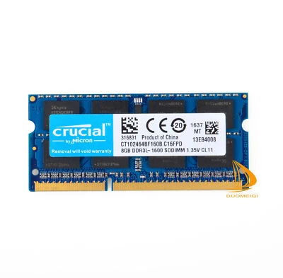 8GB Crucial 2Rx8 PC3L-12800S DDR3L-1600MHz SODIMM Laptop-Speicher RAM 204Pin