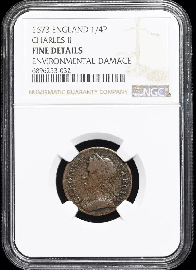 Король Карл II 1673 AD Фартинг, Англия 1660-1685 монета 1/4p G Великобритании NGC тонкий - Изображение 3 из 4