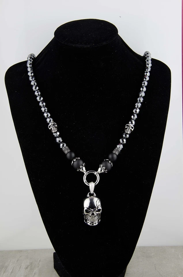 Herren Biker kette Rosenkranz Hämatitstein Onyx Halskette Totenkopf Edelstahl - Bild 2 von 4