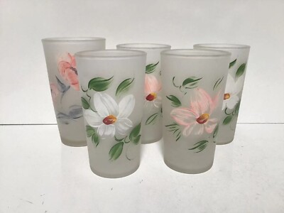 Vintage HAZEL ATLAS GLASSESFrosted Cherry BlossomsSet of 5 Midcentury