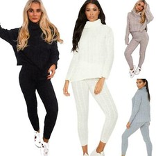 Ladies Chunky Cable Knitted Polo High Neck Top Leggings Lounge wear Suit Set
