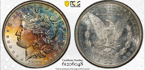 1882 S Morgan Silver Dollar PCGS MS64 Rainbow Toning Gold Shield