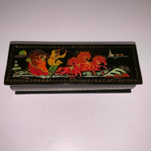 Russian Palekh Lacquer Box “Troika” Hand Painted Signed N. Sapsai Black Gold