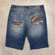 Vintage Y2K Request Shorts Jorts Baggy Wide Leg Hip Hop Mid Wash Embroidered 38