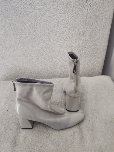 Zara Women Boots 7.5 Off White Patent Leather Pull On Zipped Block Heel Shoes - Picture 15 of 22
