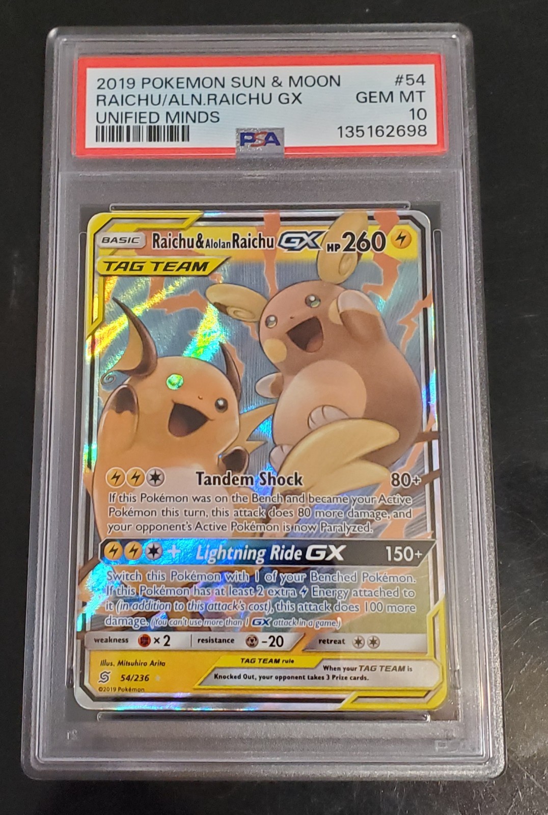 Raichu & Alolan Raichu GX 54/236 Sm-Unified Minds Holo PSA 10 Gem Mint