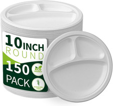 10 Inch Paper Plates, 3 Compartment, Sugarcane Bagasse, Heavy Duty, Compostable