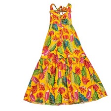 Farm Rio Yellow Tropical Toucan Banana Print Tiered Tie Back Maxi Dress Cotton