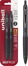 Uni-Ball 207+ Black Retractable Gel Pens 2 Pack with Micro 0.5Mm Points, Fraud P