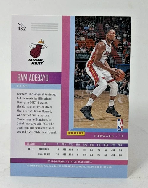 Bam Adebayo 2017-18 Panini Status RC #132 Miami Heat Rookie Card - Image 2 of 2