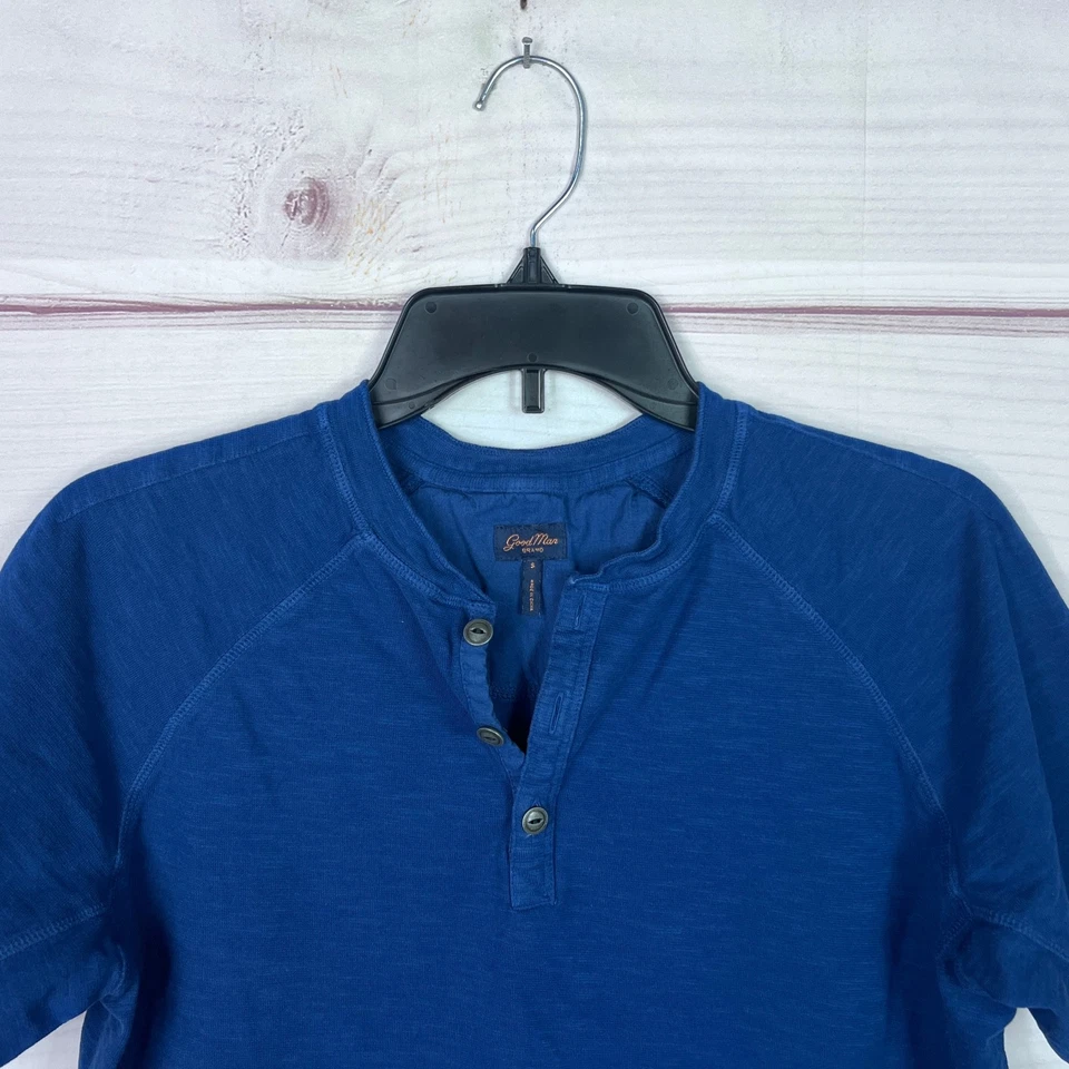 Camisa marca Good Man para hombre pequeña azul Henley camiseta manga corta algodón liso Foto 2 de 4