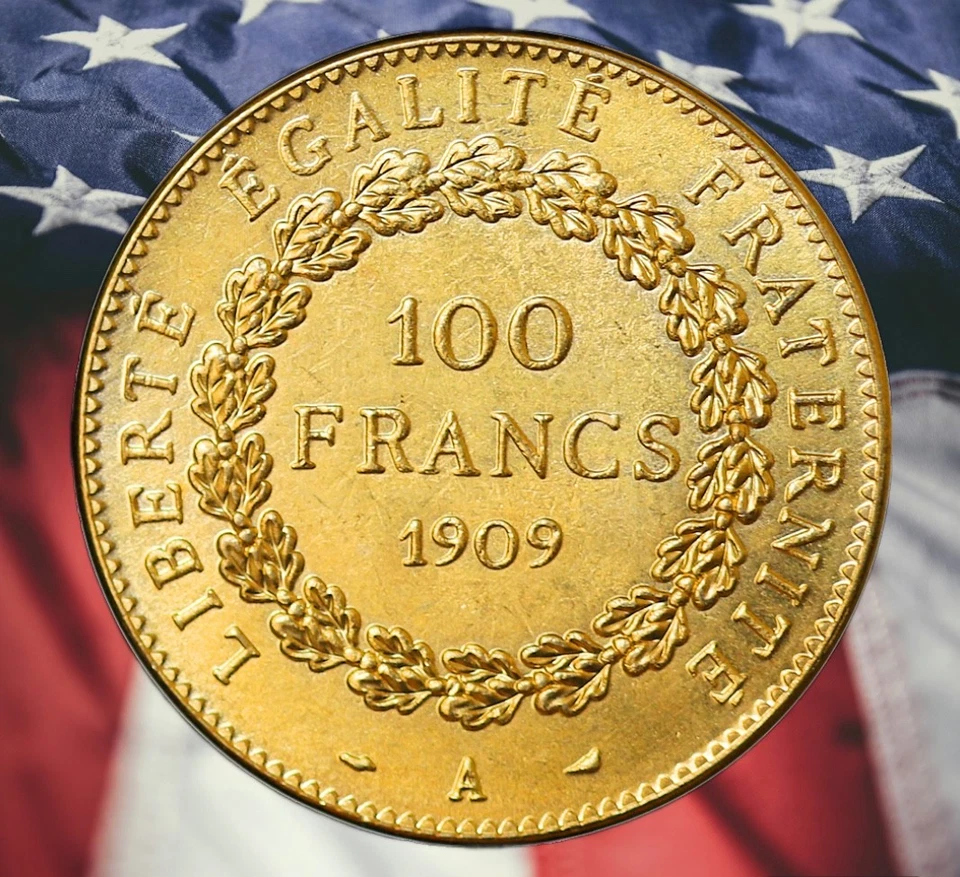 Moneda de 100 francos ángel de la suerte chapada en oro Francia 1909 Foto 2 de 2