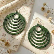 Green Geometric Circle Wooden Dangle Earrings One Size