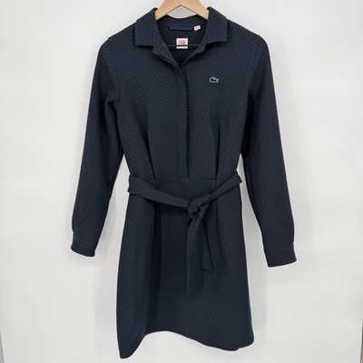 Lacoste Live Sz S Geometric Belted Piqué Long Sleeve Shirt Dress Sporty Preppy
