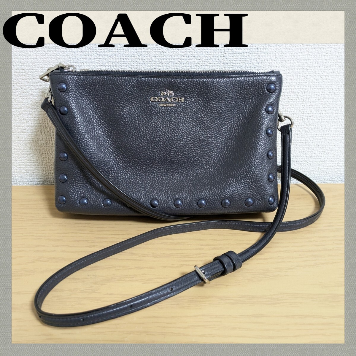 Coach Dark Navy Leather Shoulder Bag with Studs 23.5x15x5cm