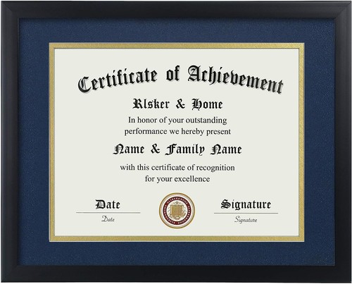 8.5x11 Certificate Frame Black with Blue Mat Gold Rim