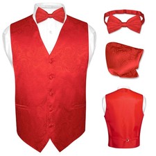 Men's Dress VEST Bow Tie RED Color PAISLEY Design Suit Tuxedo BowTie Hankie Set