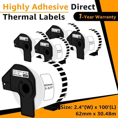 5Rolls DK-2205 2.4 in X 100 Ft Continuous Paper Tape Use with QL Label Printers