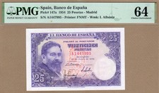 SPAIN: 25 Pesetas Banknote, (UNC PMG64), P-147a, 22.07.1954,No Reserve!