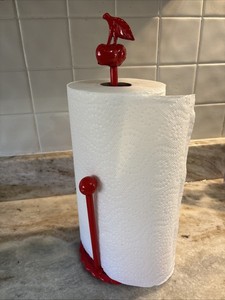 Vintage Red Cherry Pie Enamel Cast Iron Paper Towel Holder Country Farmhouse