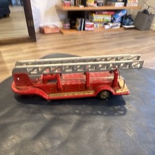 Vintage Tin Fire Truck Toy Red Extendable Ladder Collectible 13 Inch