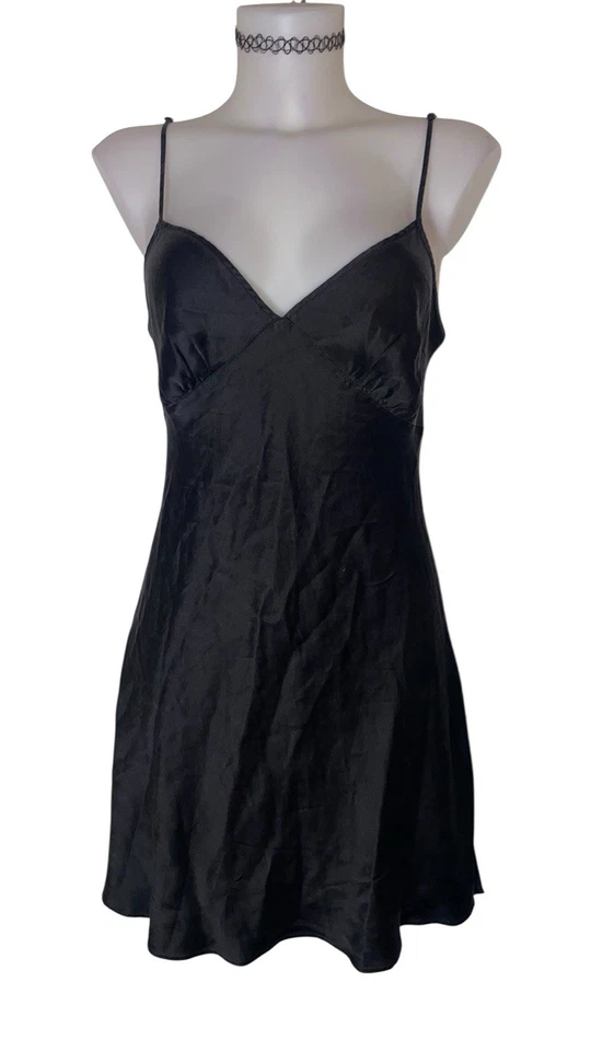 Vtg Victoria’s Secret Sz M Womens Black Silk Babydoll Grunge Goth Y2K Slip Dress - Image 2 of 4