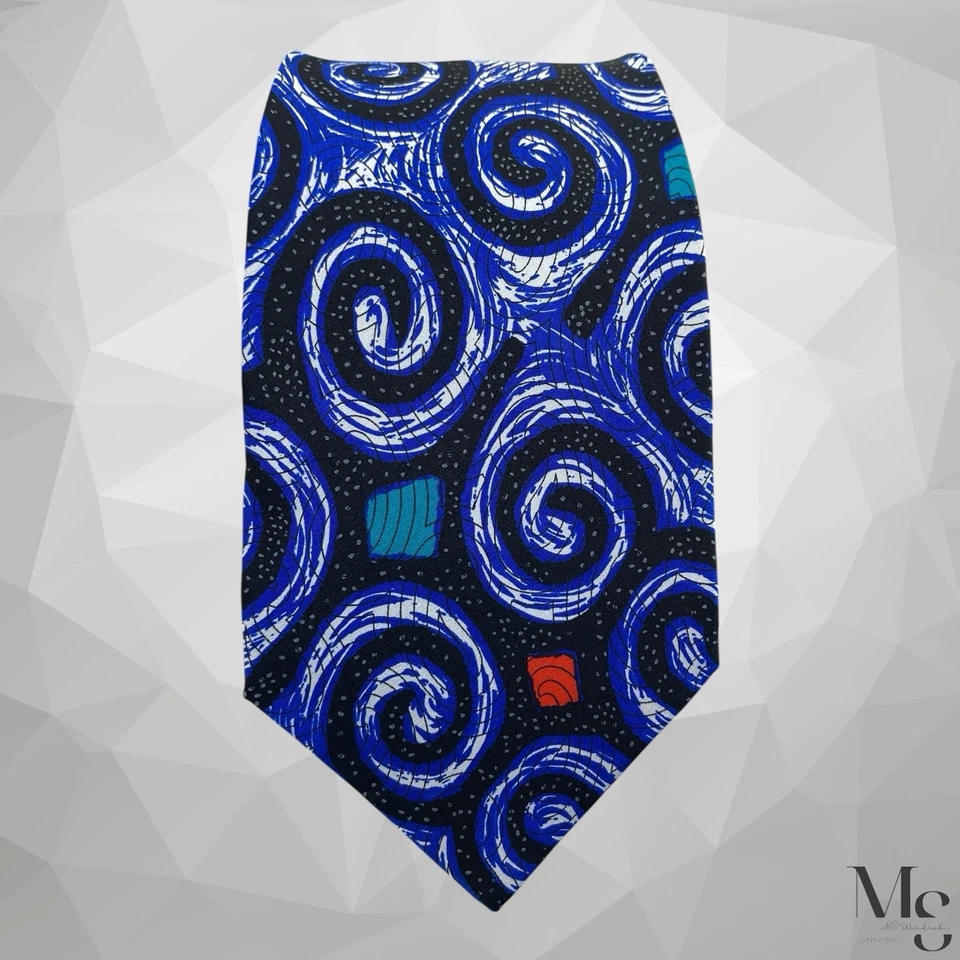 Corbata de seda de lujo con estampado artístico azul CLAUDE MONTANA hecha en Italia 57”-3,7” EXCELENTE ESTADO Foto 3 de 4