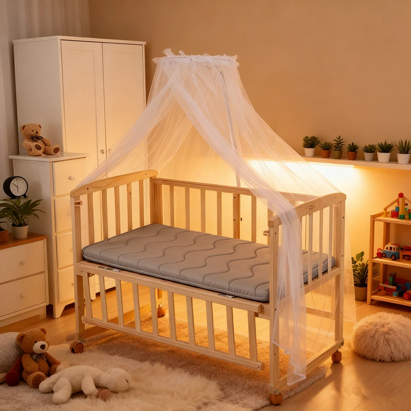Baby Wooden Bedside Crib Co-Sleeping w/Mosquito Net&Mattress,Newborn-Toddler Cot - Image 3 of 4