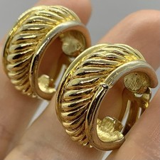 Vtg Retro Goldtone Rope Cable Wide Hoop Earrings Clip Heavy Statement Round Big