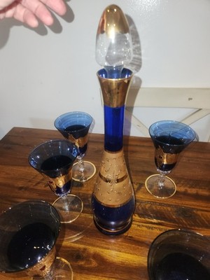 MURANO DECANTER COBALT GOLD AND JEWEL DECANTER AND GOBLETS