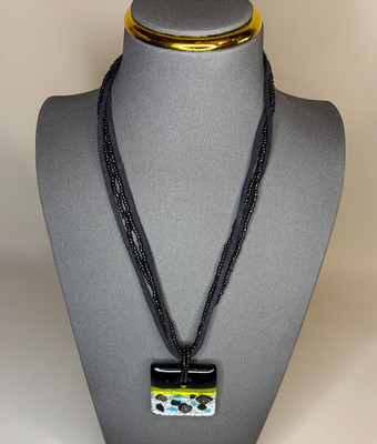 Handcrafted Fused Glass Pendant Necklace Multi Strand Black Ribbon Seed Bead 18''