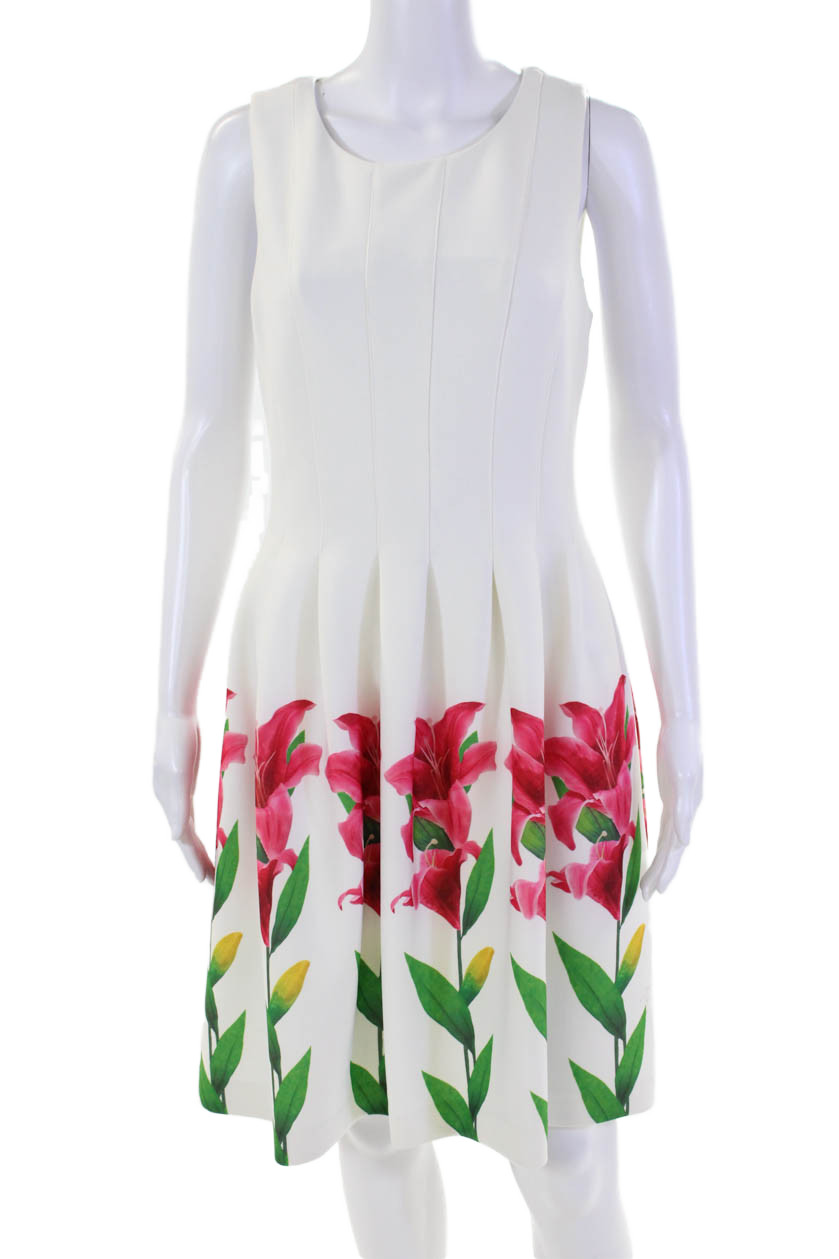 Calvin Klein Womens Floral Print Pleated Scoop Neck Dress White Combo Size 8