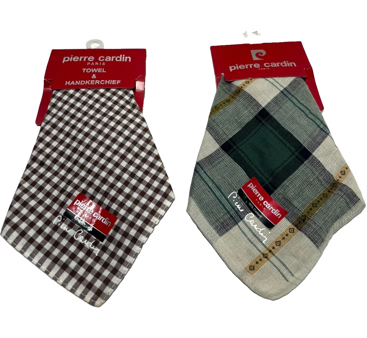 Pierre Cardin Mens Cotton Handkerchief Vintage Plaid Check Pocket Square Lot 2pc