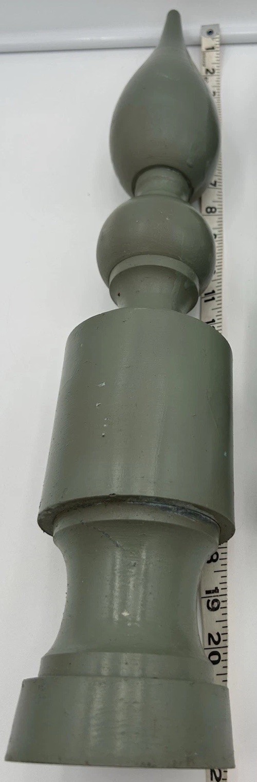 Antique Cast Iron Fence Finials Pair Green Paint Decor 18in x 4in 22in x 3in VTG