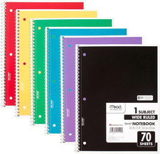 Spiral Notebook, 6 Pack, 1 Subject, Wide Ruled Paper, 7-1/2" X 10-1/2", 70 Sheet