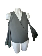 Z By By Blouse Women Top Cold Shoulder Lace Flare Sleeve Wrap Hi-Lo Olive L 113