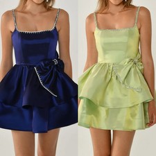 Bow Formal Evening A-line Spaghetti Strap Occasion Gown Knee Mini Dresses