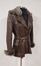 Karen Millen Brown Coat Size Uk 14 Leather & Sheepskin Trench Coat Fur Accents