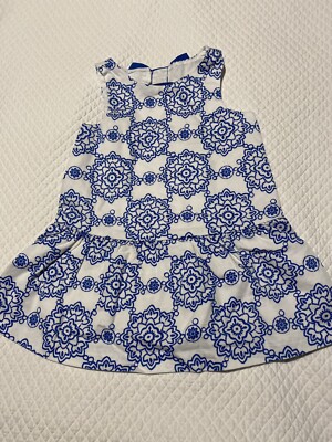 JANIE AND JACK BABY GIRLS DRESS SIZE 12-18 MOS WHITE AND BLUE WITH REAR BOW