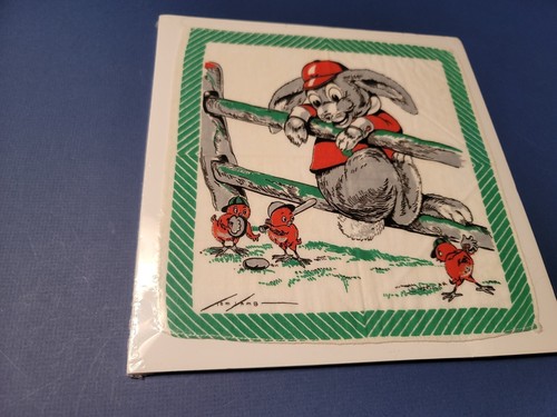 Vtg TOM LAMB Child's Handkerchief Colorful Coach Rabbit Birdie Baseball ...