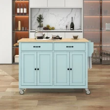 Kitchen Island Cart with 4 Door Cabinet, 2 Drawers & Locking Wheels, Mint Green