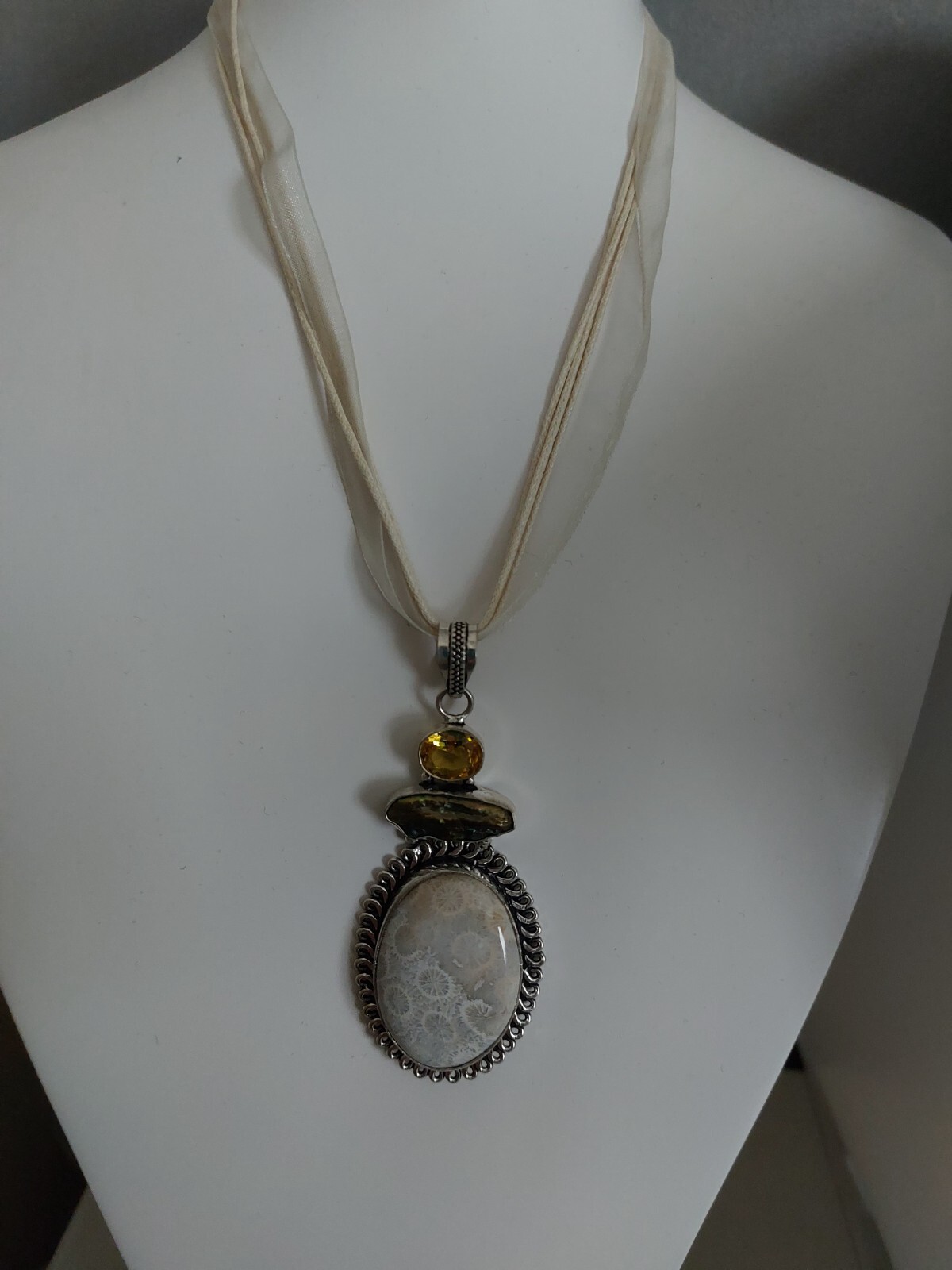 Pendentif Argent 925 Pierre Topaze Abalone et Corail Fossile d'Agate Bro05