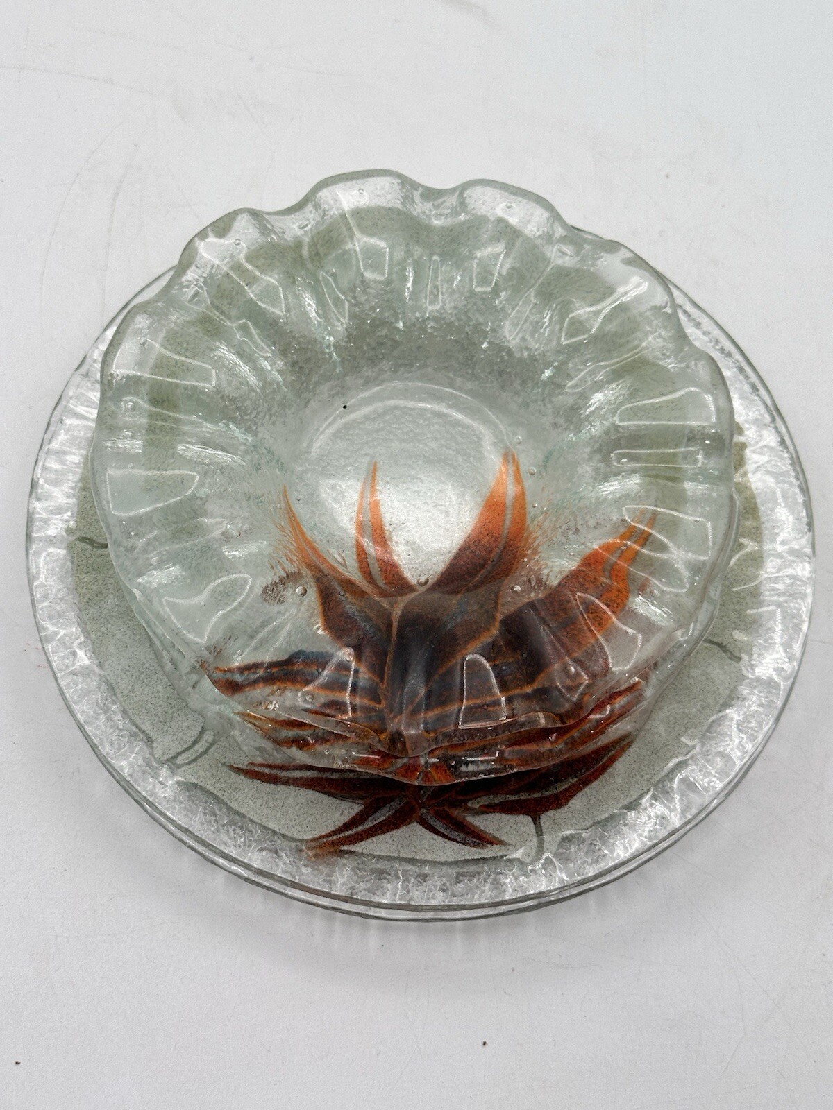 Fused Glass Plate And Bowl Set Of Four Bamboo Style Edging With Red Agave Plant 