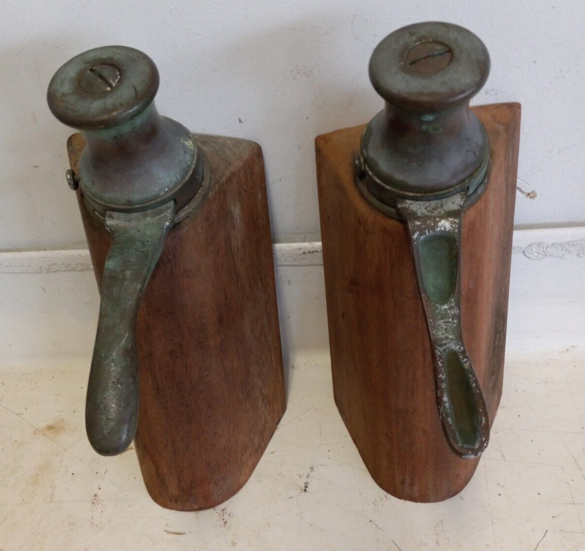 Antique Small Brass Sailboat Single Speed Winches, Handles Orig Teak