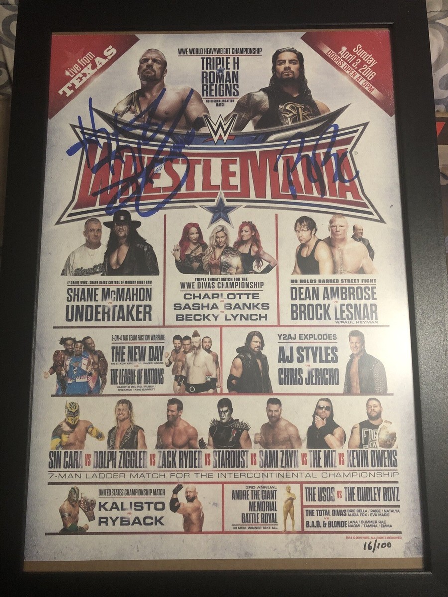 Wrestlemania 32 18x12.5 Poster 16/100 Triple H Roman Reigns Signed