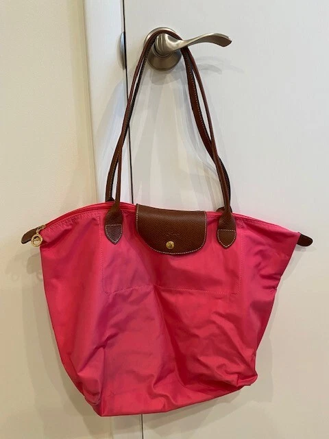 Used Longchamp Le Pliage Tote bag in Bright Pink, Brown Leather, Gold  Hardware