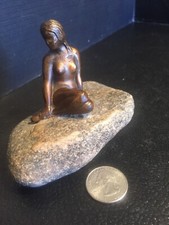 B21 Mythical Fantasy Nude Mermaid Copper Metal Figurine on Stone Base 5  Long