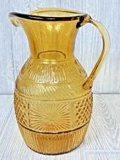 VTG Glass Amber Colored Glass Pitcher Ribbed MCM Farmhouse Applied Handle